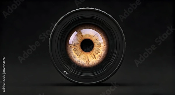 Fototapeta Close up of a Realistic Human Eye Reflected in a Camera Lens Against a Dark Background