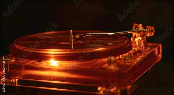 Fototapeta Close up of a Vintage Orange Translucent Record Player with a Stylus on a Spinning Vinyl Record, Illuminated by Warm Lights