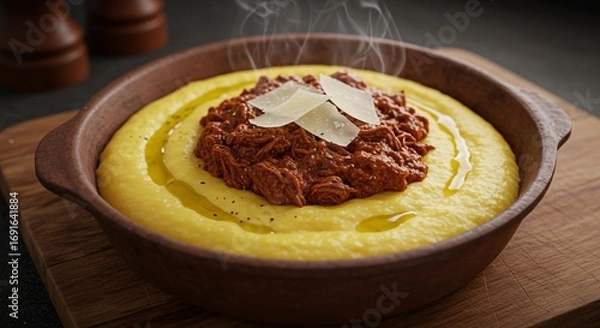 Fototapeta Polenta with meat on a rustic wooden table