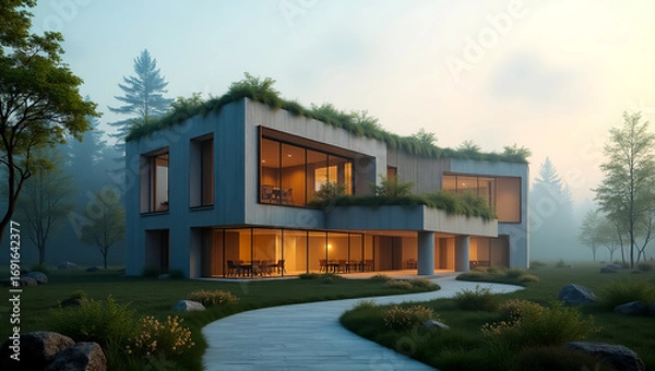 Fototapeta Modern architectural design of a luxurious contemporary home with large windows and green rooftop gardens surrounded by lush nature