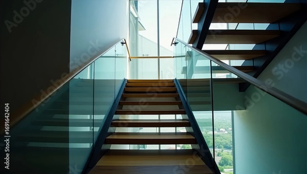 Fototapeta Modern architectural staircase leading upwards with glass railings and wooden steps inside a contemporary building showing progress ascent