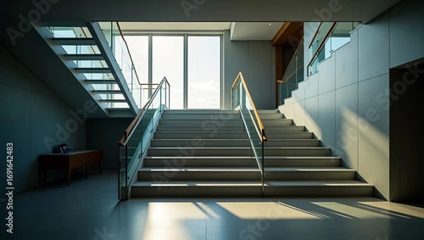 Fototapeta Sunlight streams down a modern glass and concrete staircase with wooden handrails inviting upward movement and progress toward a bright future