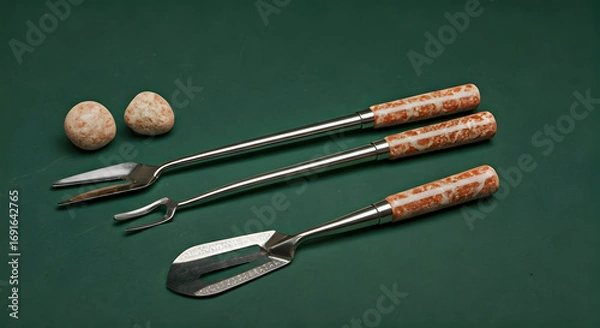 Fototapeta Elegant Stainless Steel Serving Utensils with Decorative Marble Handles and Two Small Speckled Eggs