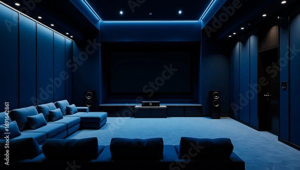 Fototapeta Luxurious private cinema room with comfortable blue seating and ambient blue lighting creating an immersive cinematic experience for entertainment