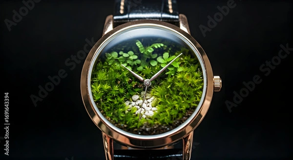 Fototapeta Close up of a Unique Wristwatch Featuring a Miniature Living Terrarium as Its Dial