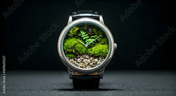 Fototapeta Close up Macro View of a Unique Wristwatch Featuring a Miniature Living Terrarium as Its Dial
