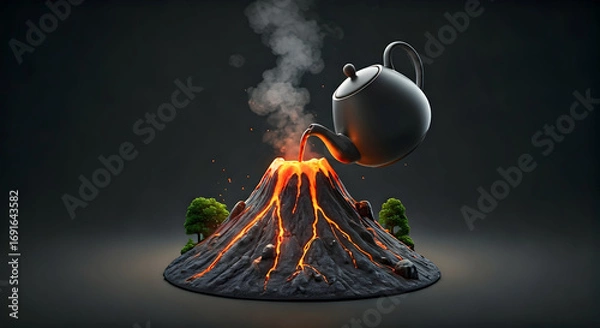 Fototapeta Surreal Scene of a Teapot Pouring Lava into an Active Volcano with Small Trees