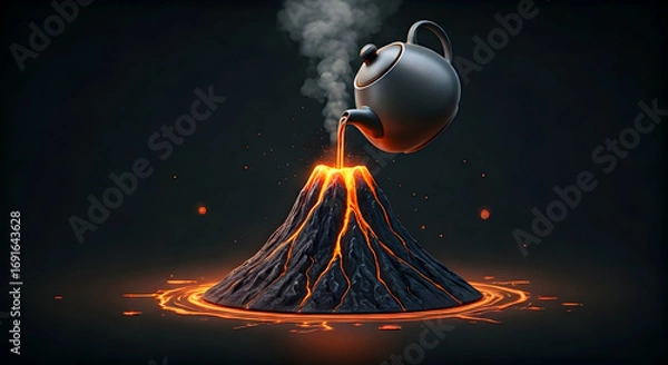 Fototapeta Surreal Concept a Black Teapot Pours Molten Lava into an Active Volcano