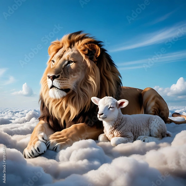 Fototapeta The lion and the lamb, a beautiful symbol of peace and harmony resting in the clouds. This powerful image reminds us that opposites can coexist and find unity. Find your own inner balance and embrace 