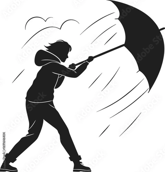 Obraz Vector art of silhouette of a person struggling with an umbrella in strong wind and rain