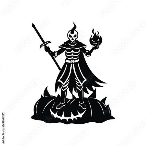 Obraz Vector art of silhouette of a skeleton warrior with a sword and flaming pumpkin head