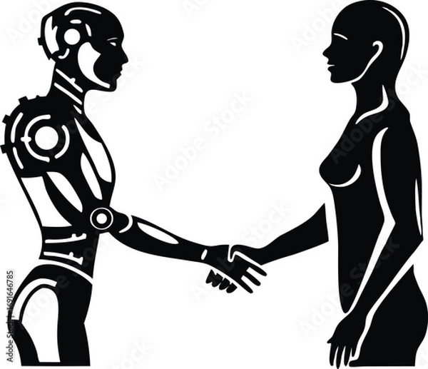 Obraz Vector art of robot and human shaking hands, symbolizing cooperation and future technology