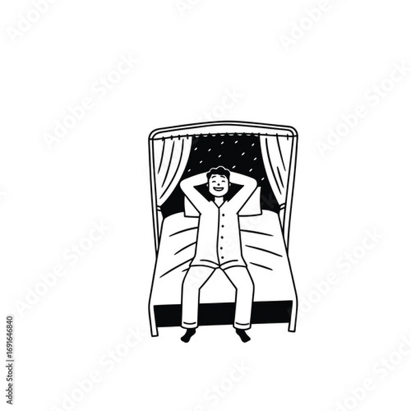 Obraz Vector art of man lying in bed with hands behind head, looking relaxed and happy
