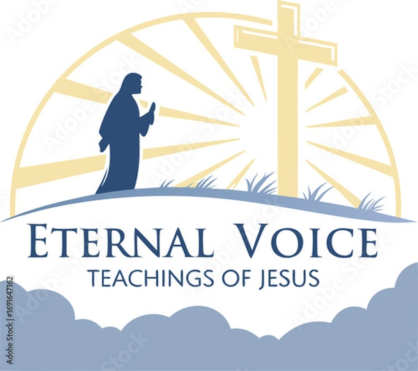 Obraz Vector art of eternal voice, teachings of jesus, with a silhouette of jesus praying and a cross