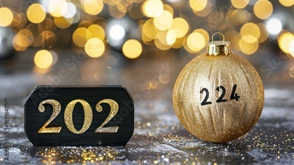 Fototapeta Gold and Black Christmas Ornaments with Numbers 202 and 224 on Festive Glittery Surface with Blurred Warm Bokeh Background