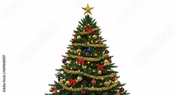 Fototapeta A vibrant Christmas tree decorated with colorful balls and a golden star, isolated on a white background, symbolizing the holiday season