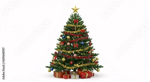 Fototapeta A beautifully decorated Christmas tree with colorful ornaments and a bright star, isolated on a white background