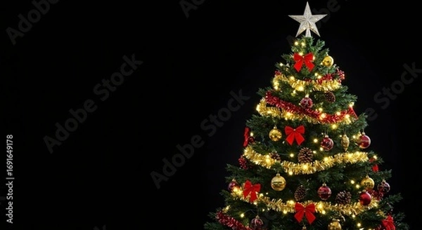 Fototapeta A vibrant Christmas tree decorated with gold and red ornaments, a glowing star, and presents sits on a black background