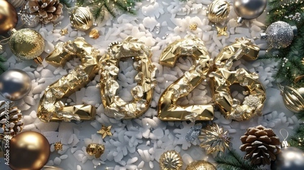 Fototapeta Gold Foil Number 2023 Decorations with Christmas Ornaments and Pine Cones on Snowy Background