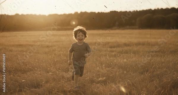 Fototapeta Young boy running joyfully in a sunny field during summer  