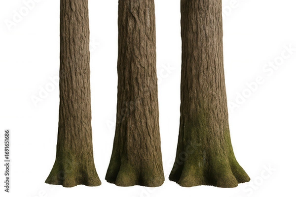 Fototapeta Detailed 3d rendering of weathered tree trunks featuring textured bark, mossy base, presented against transparent background