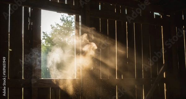 Fototapeta Soft sunlight rays shining through wooden barn window with dust  