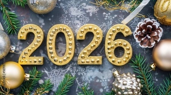 Fototapeta Golden 2026 Numbers with Christmas Decorations on Snowflake Background