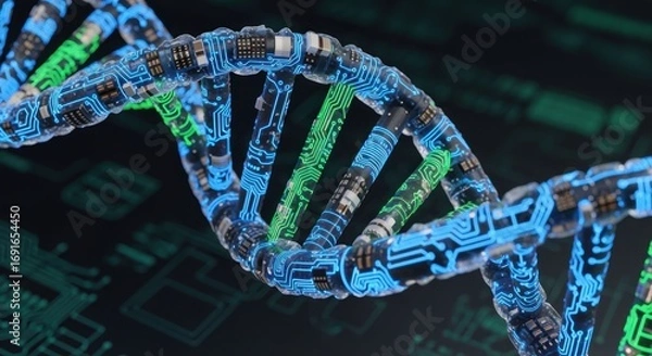 Fototapeta Futuristic DNA Helix with Circuit Patterns in a Technology Background