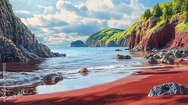 Fototapeta Scenic red sand beach nestled between verdant cliffs and a calm blue sea