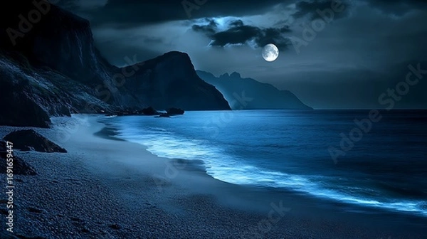 Fototapeta Serene moonlit night on a tranquil beach, glowing waves caress the sand, framed by majestic dark cliffs