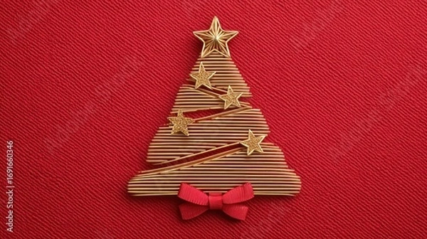 Fototapeta Golden Christmas Tree Ornament with Stars and Red Bow on Red Textured Background