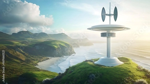 Fototapeta Futuristic communication tower on a cliff overlooking a serene coastal landscape