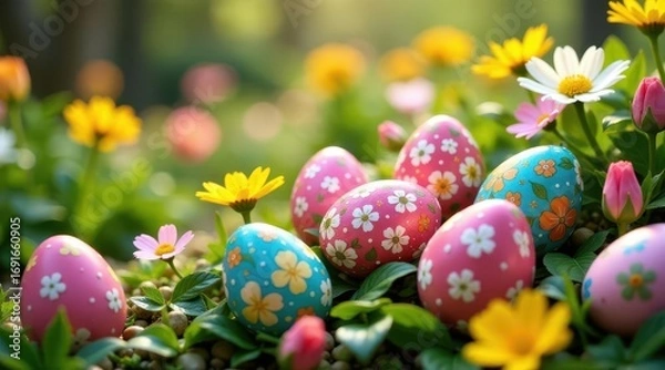 Fototapeta Decorative Easter Eggs Nestled Amongst Vibrant Spring Blossoms in a Lush Garden Setting