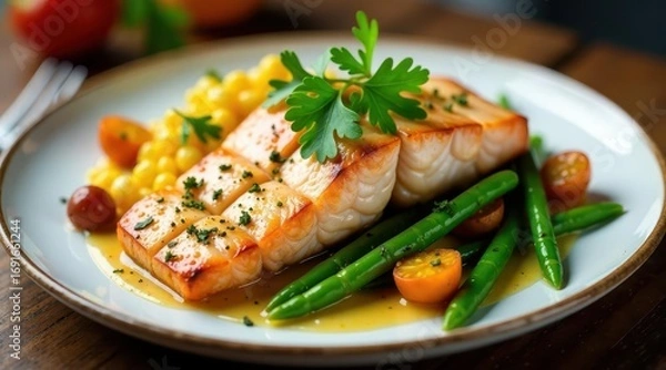 Fototapeta A delectable dish featuring pan-seared fish fillet, complemented by vibrant corn kernels, tender green beans, and glistening sauce.