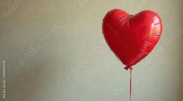 Fototapeta A single red heart-shaped balloon floats against a muted background, symbolizing love, affection, and a sense of hope.