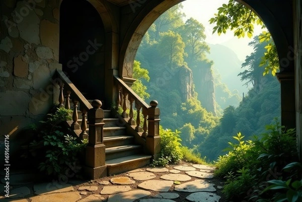 Fototapeta Stone staircase leading to a breathtaking vista of verdant mountains and cliffs bathed in sunlight