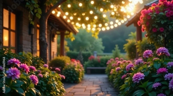 Fototapeta Evening Ambiance A Serene Garden Path Illuminated by Warm String Lights, Adorned with Blooming Flowers and Lush Greenery
