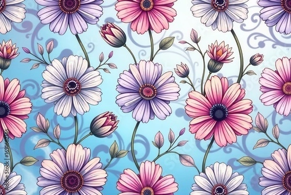Fototapeta Vibrant Floral Design Featuring Delicate Pink and Purple Daisy-like Blossoms with Elegant Swirls on a Light Blue Background