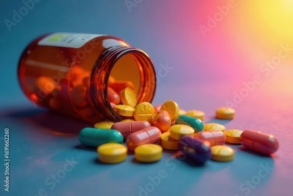 Fototapeta Amber bottle spills assorted capsules and tablets onto a smooth surface under colorful lighting