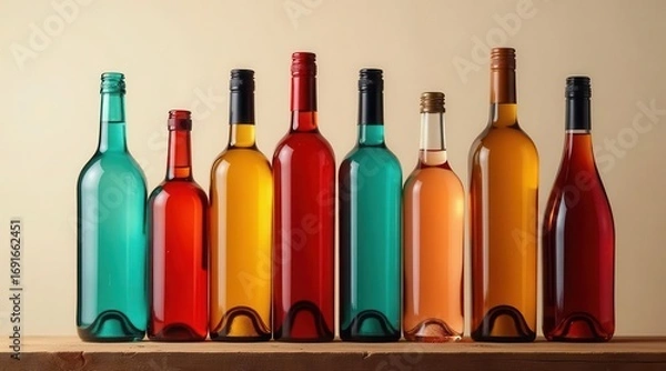 Fototapeta A vibrant collection of colorful glass wine bottles arranged on a rustic wooden surface against a neutral backdrop