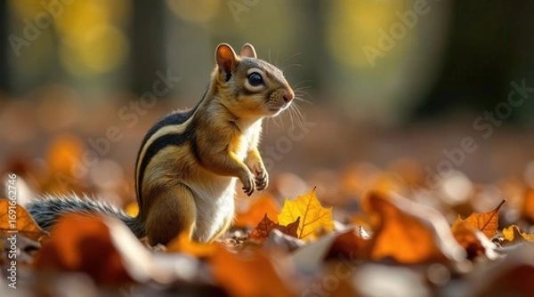 Fototapeta A small striped rodent stands amidst a carpet of autumn leaves, bathed in the warm glow of sunlight.