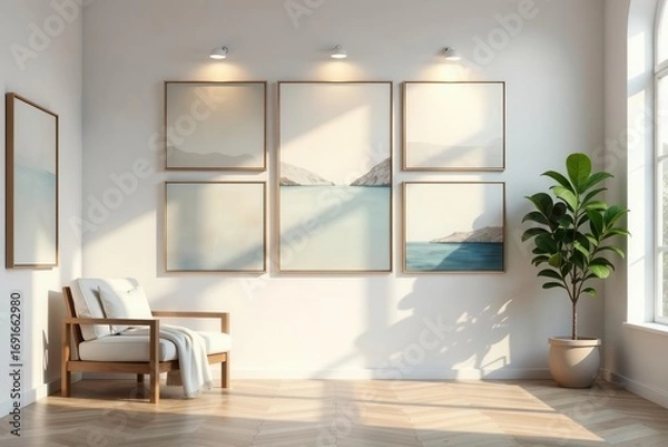 Fototapeta Serene coastal landscape artwork adorns a minimalist living space, complemented by a light-colored armchair and a potted plant, bathed in the soft glow of natural sunlight.