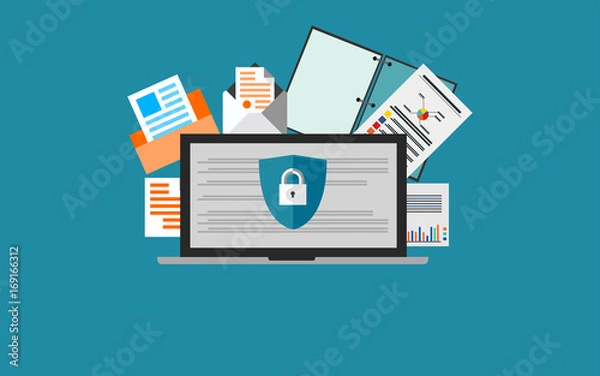 Obraz Concept is data security Access .Shield on laptop protect sensitive data. Internet security. Vector Illustration Design.