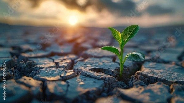 Fototapeta Green seedling breaking through cracked parched earth with vast blank sky above, concept of climate awareness, drought resilience, ecological balance, and sustainable environmental future