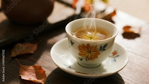 Fototapeta Porcelain Tea Cup with Floating Chrysanthemums, Steam Rising Softly Amidst Blurred Autumn Maple Leaves