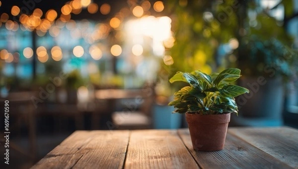 Fototapeta A small potted plant on a rustic wooden table, out-of-focus cafe background