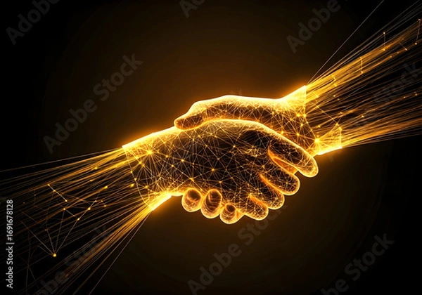 Fototapeta Digital Connection Represented by Glowing Golden Networked Hands Shaking Against a Dark Background