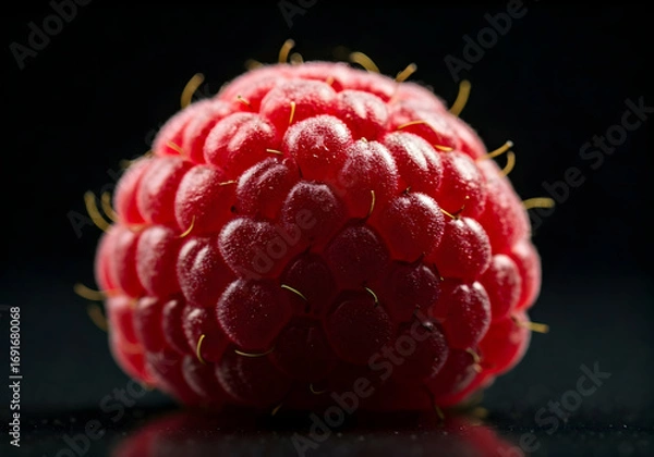 Fototapeta Macro Shot of a Single Ripe Raspberry with Its Distinct Lobes and Delicate Hairs Against a Dark Background