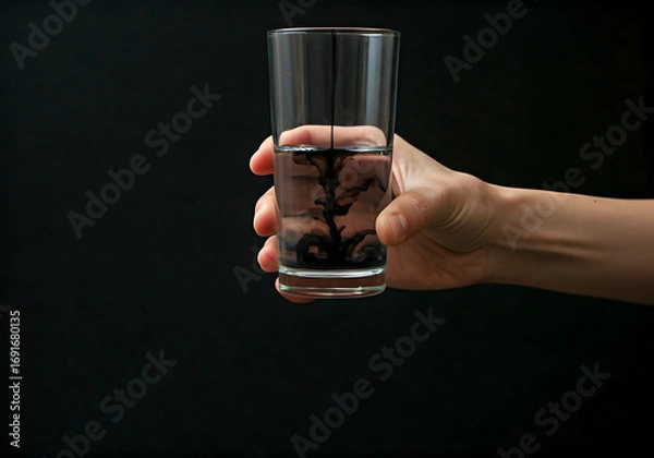 Fototapeta Hand Holding Glass of Water with Black Ink Droplets Dissipating Like a Tree Against a Dark Background