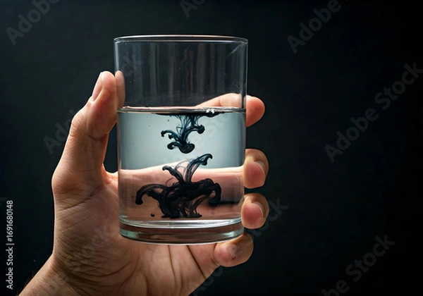 Fototapeta A Human Hand Holds a Glass of Water with Black Ink Droplets Dissolving in Slow Motion Against a Dark Background